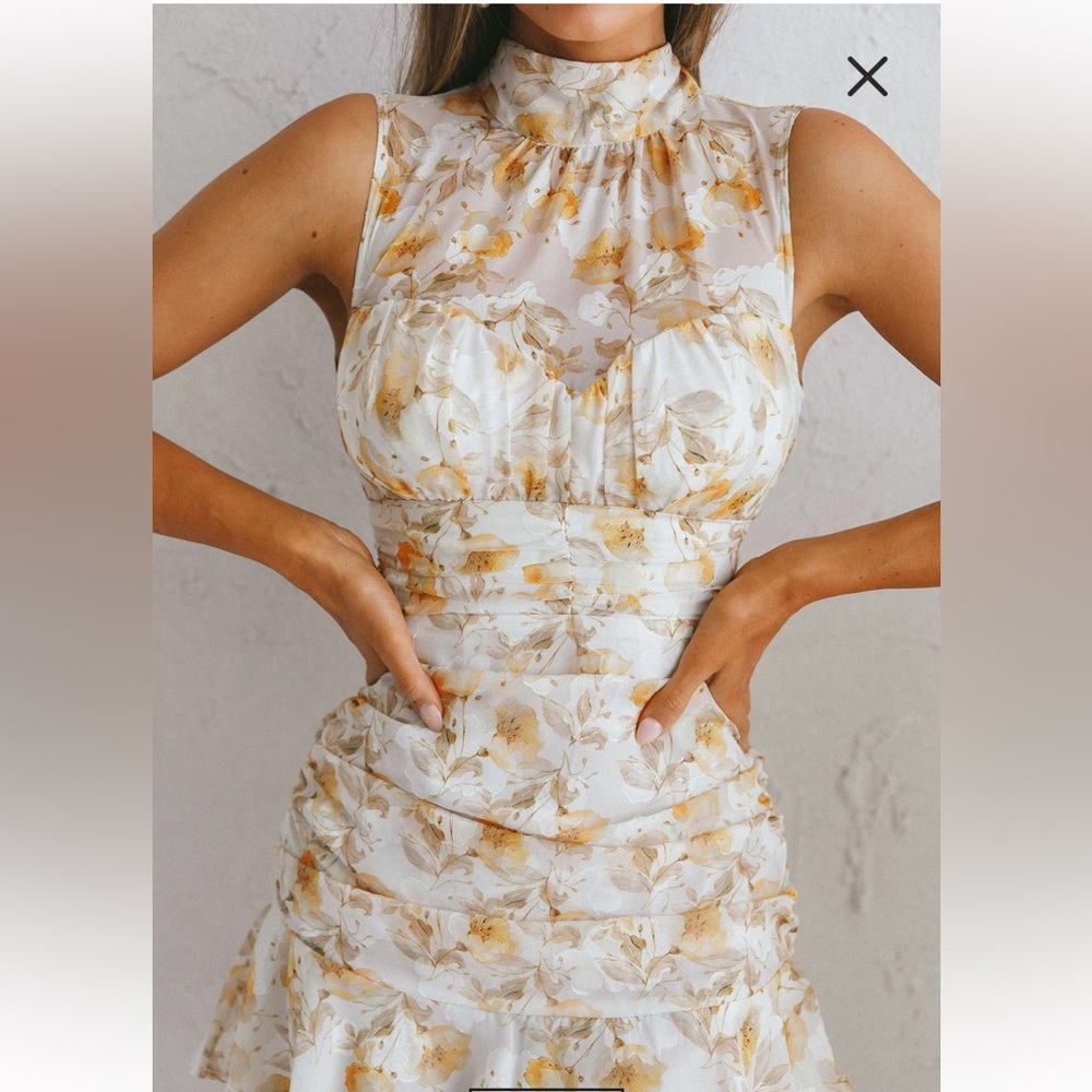 Floral High-Neck Mini Dress in Yellow Cream